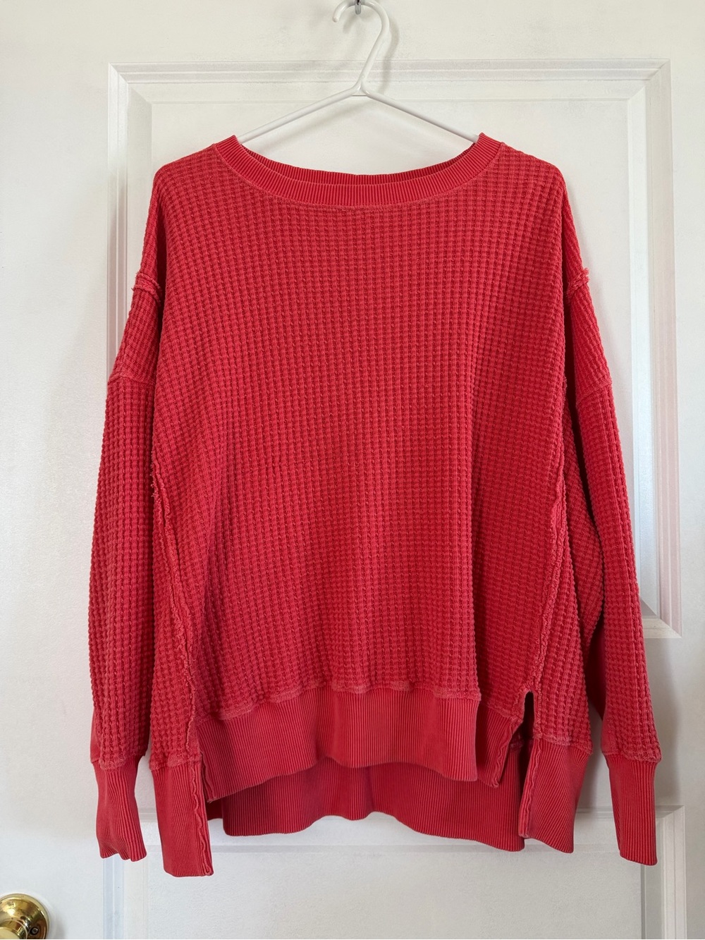 American Eagle Coral Oversized Waffle Knit Raw Hem Thermal Sweater XS